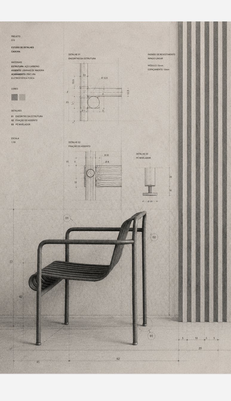 Estudo de detalhes de uma cadeira — desenho técnico, cotas e amostras de materiais